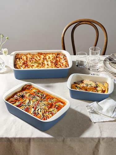 Image of LE TAUCI Deep Casserole Dishes for Oven, 13.7 inchx9.6 inch Ceramic Baking Dish Set with Roasting Racks, Large Lasagna Pans with Handles, Rectangular Bakeware as Gift for Mom, Dusty Blue (4.6QT /3.0QT /1.6QT), Set of 3