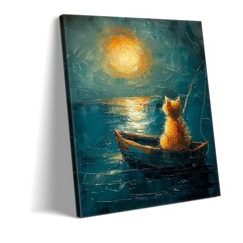Tableau sur toile chat au clair de lune peinture huile marin 60x90cm