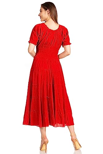Image of Sakkas Cotton Crepe Smocked Peasant Gypsy Boho Renaissance Mid Length Dress