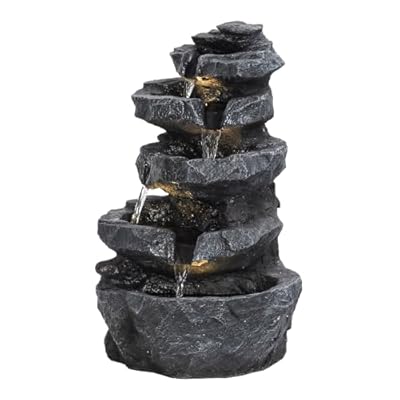 BESUFY Water Fountain Outdoor, 5-Tiers Cascading Waterfall with Led Lights & Pump, 22” High Rocks Waterfall Fountain Indoor Resin Water Fountain for Garden, Patio, Yard, Deck Decor 5-Tier