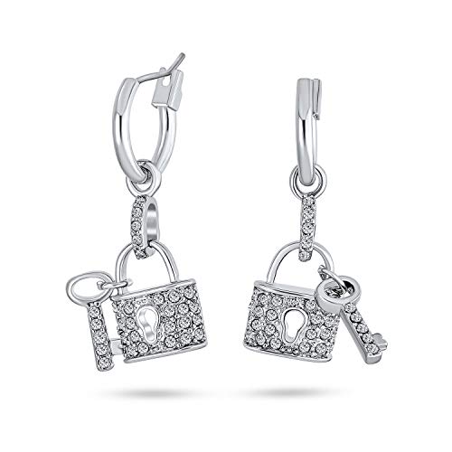 Pave Crystal Lock And Key Charm Dangle Earrings For Women Girlfriend Couples Silver Plated Brass