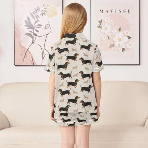 Black Dachshund Pattern Summer Satin Pajama Set, Cute Button-Down Sleepwear Pj Set for Sleep Wears4
