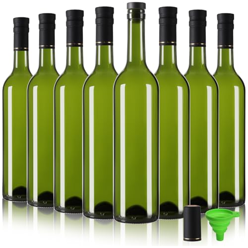 Opiniones y reviews de Fabricación de vidrio tintado Top 10. 48 Paquete de 8 botellas de vino de vidrio verde de 750 ml con tapas en T y cápsulas retráctiles selladas, botellas vacías con embudo para bebidas, jugo y kombucha