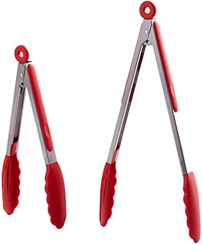 HiramWare Kitchen Tongs Set of 2 – 9 inch & 12 inch – Stainless Steel Food Tongs with Silicone Tips – Premium Locking Non-stick Tongs for Cooking, BBQ, Grilling, Salad - Heavy Duty, BPA Free(Red)