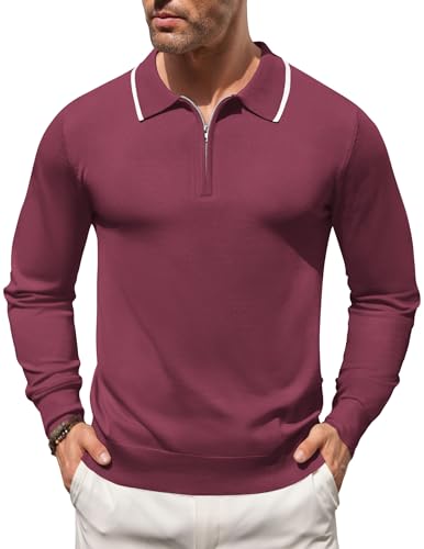 COOFANDY Men's Zipper Polo Shirt Long Sleeve Knit Polo Sweater Casual Golf Pullover Quarter Zip Sweatershirt Wine Red