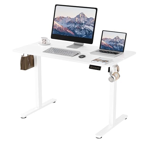 ERGOMAKER Escritorio Elevable Eléctrico 110x60 cm, Mesa Elevable con Tablero de Empalme, Mesa Escritorio Ajustable para Oficina y Hogar, Blanco
