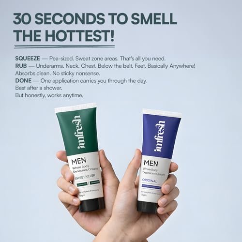 Image of imfresh Men Cream Sweet Killer + Original Deodorant Cream Combo For Whole body & Underarms Area | Long Lasting Odour Control | Whole Body Odour Protection | Helps in brightening underarms | Alcohol-Free | Natural Ingredients | 150gm