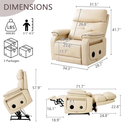 Dual Motor Power Lift Recliner Chair for Adult & Elderly, Infinite Position Lay Flat Lift Chair with Heat & Massage, Cup Holder, Lumbar Pillow, Wireless Charger, USB Ports, Leather (Beige) - Image 3