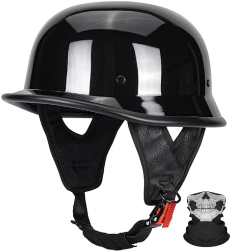 QUICKOOL DOT Certified German Style Motorcycle Half Helmet, Vintage ABS Lightweight Helmet for Adults, Retro Half Face Helmet for Cruiser Scooter Chopper (Gloss Black,XL)