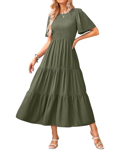 Image of KIRUNDO Summer Dresses for Women 2026 Spring Casual Flutter Short Sleeve Wedding Guest Smocked Flowy Tiered Aline Midi Dress