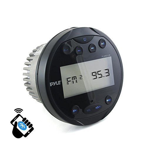 Pyle Round Waterproof Marine Stereo - 4x28 W Aquatic Boat In Dash Gauge Radio Receiver System with Bluetooth, AM FM, Digital LCD, USB, AUX, RCA - Includes Wiring Harness, Bracket - PLMR91UB (Black)