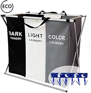 FUNFLOWERS Laundry Hamper Basket Sorter with Handle and Aluminum Frame, 3 Sections Foldable