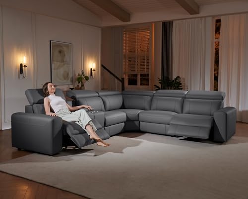 Image of AMERLIFE Power Recliner Sectional Sofa with Storage /USB Port, Leather Recliner Sofa with Adjustable Headrest, Reclining Sectional Couches with Console and Cup Holder for Living Room (Gray, 5-Seater)
