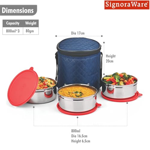 Image of SignoraWare Big Meal Stainless Steel Container Set | Airtight & Leakproof | Durable & Rust-Free | Ideal for Office, School, Home & Outdoor Use (800mlx3 | Set of 3 | Red)