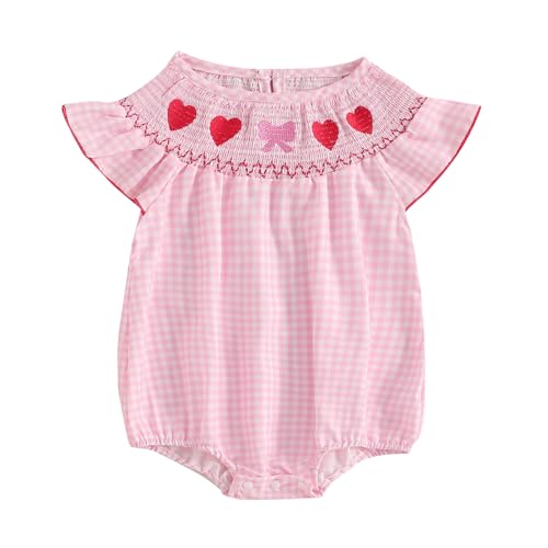 Image of Kayotuas Newborn Baby Girls Smocked Bubble Romper Cute Embroidery Ruffle Gingham Bodysuit Dress Infant Toddler Summer Clothes
