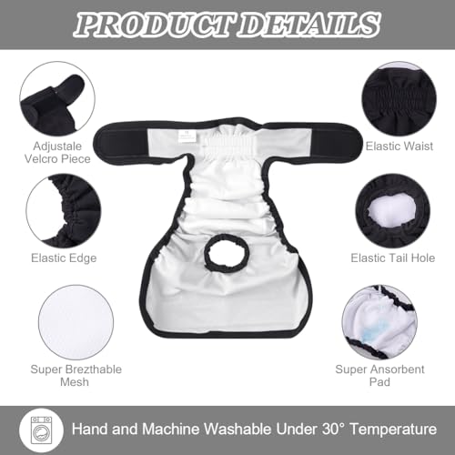 Aomig Hundewindeln Hündinnen 3Pcs Waschbare Auslaufsichere Läufigkeitshose Hündinnen Wiederverwendbare Damenbinden Höschen für Weibliche Haustiere Hochsaugfähige Nkontinenz Hundewindeln (Schwarz,XL)