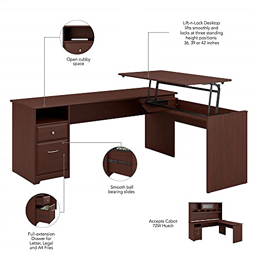 Bush Furniture Cabot 72W 3 Position L Shaped Sit To Stand Desk In Harvest Cherry #TOP3