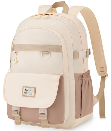 KROSIAS School Backpack for Teen Girls, 15.6 Inch Laptop Backpack Women Kids Bookbag for Middle High School Cute College Bag for Students, Khaki Beige