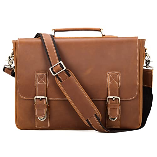 Polare Vintage Full Grain Leather Tote Briefcase Professional 16'' Laptop Shoulder Messenger Bag with YKK Metal Zippers (Light Brown)