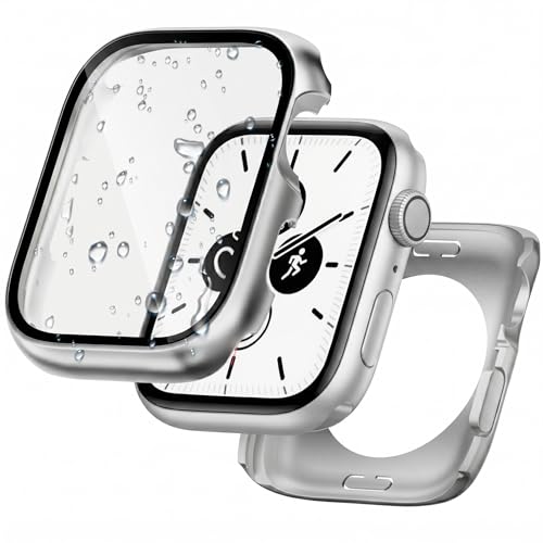 【防水×フルカバー保護】Kawoco アップルウォッチ メタル カバー 45mm iWatch 金属製 ケース ガラス一体型 9H強化ガラス 高透過率 装着簡単 耐衝撃 Apple Watch Series 9 Series 8 Series 7 対応 シルバー