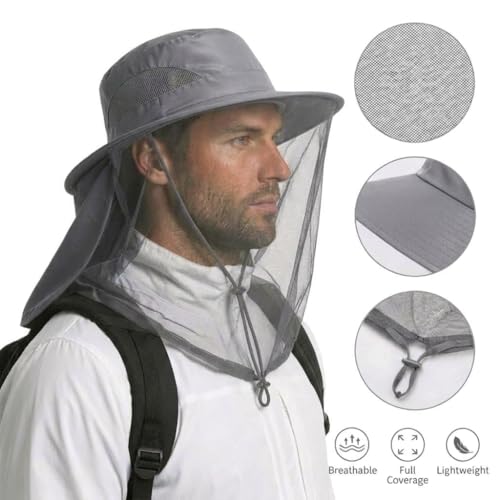 Image of Mosquito Hat with Netting, Mosquito Hats Lightweight Outdoor Fishing Hiking Camping Bug Net for Men & Women, Grey