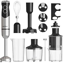 6 in 1 Professional Immersion Blender, Heavy Duty Hand Blender with 12-Speed & 10 Attachments, 20OZ Food Chopper, Stainless Steel Whisk, Milk Frother Electric Stick Mixer