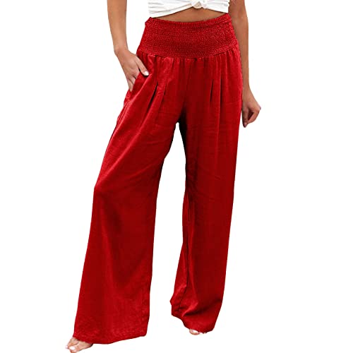 Oiumov Linen Trousers For Women Summer Straight Leg Sweatpants For Women Loose Fit Palazzo Pants Wide Leg Pants For Women Elastic Waist Yoga Pants Women Lounge Pants #TOP7