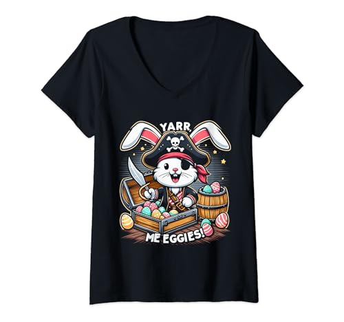 Mujer Camiseta pirata de conejo de Pascua Yarr Me Eggies - Funny Kids Egg Hunt Camiseta Cuello V
