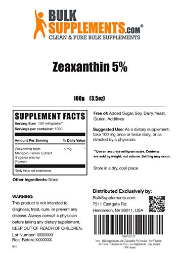 Bulksupplements.com Zeaxanthin Powder - Antioxidants Supplement, From Marigold Flower - 100Mg (5Mg Of Zeaxanthin) Per Serving, Vegan & Gluten Free (100 Grams - 3.5 Oz) #TOP1