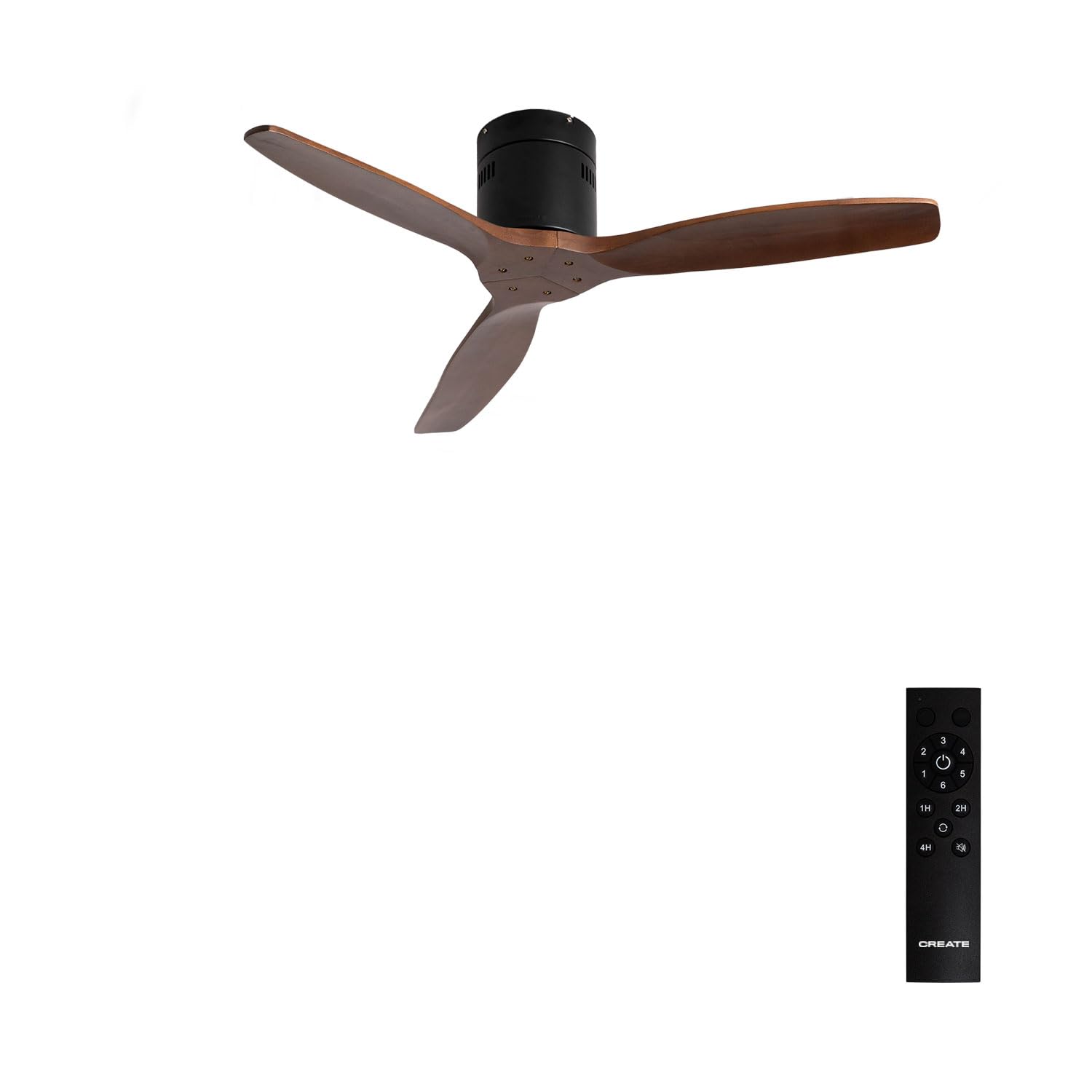 CREATE / WINDCALM NATURAL WOOD S/Deckenventilator Schwarz Nussbaumholzflügel mit Fernbedienung / 40W, Timer, Ø112cm, 6 Geschwindigkeiten, Sommer-Winterbetrieb