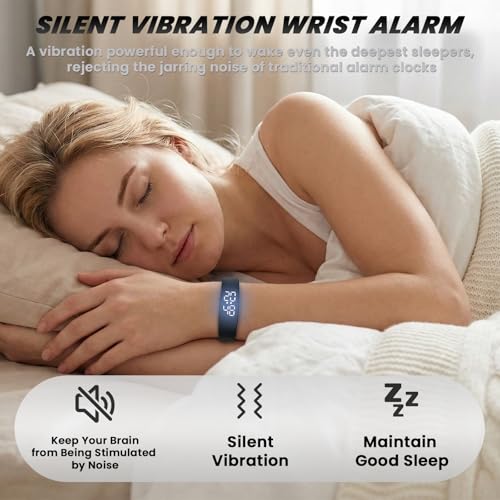 Image of Vibrating Alarm Wristband Silent Wrist Alarm Clock Watch Wind up Bands for Deaf People No Batteries Bracelet for Heavy Sleepers Dawn Wake up Sleeper that Won't Wake Partner (Blue)