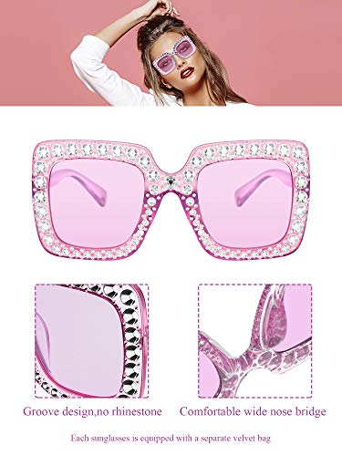 Frienda Oversize Square Glitter Sunglasses Retro Thick Frame Sunglasses (Light Purple, Gray, Yellow, Pink, Clear Pink, Clear Tawny)4
