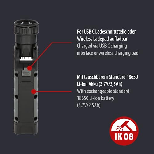 Brennenstuhl Professional akumulatorowa latarka LED TL 1000 ACW (światło robocze 1000 lm z maks. 12-godzinnym czasem świecenia, magnes, wymienny akumulator, ładowanie bezprzewodowe, w kabel USB C)