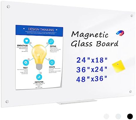 QUEENLINK Magnetic Glass Whiteboard, 48 x 36 Inches Glass Dry Erase White Board, Wall Mounted Frameless Glass Magnetic Bulletin Board with 1 Pen Tray, 3 Magnets, for Office School Home, Ultra White