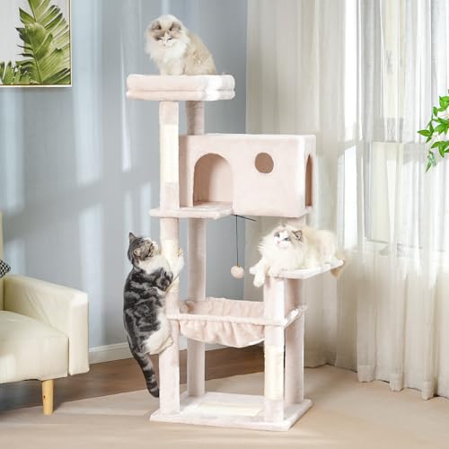 Pawfessor Árbol para gatos de 54 pulgadas con hamaca grande de 21 x 17 pulgadas, torre para gatos adultos con postes rascadores con cama superior grande, almohadilla rascadora, espaciosa casa de