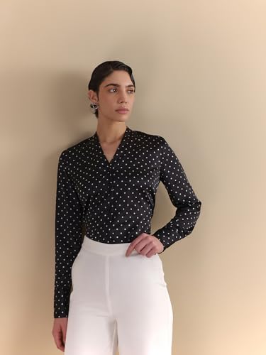 Image of FableStreet Women Formal Shirt | Relaxed Fit V-Neck Polka Dot Pattern with Pleated Detailing | Satin Fabric for Business Casual