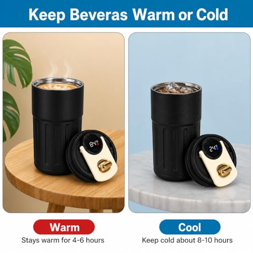 Image of Coffee Travel Mug with Smart LED Temperature Display - Made of 316 Stainless Steel- Leakproof Reusable Tea & Water Bottle for Office, Car & Outdoor with Carrying Loop - 460 ml