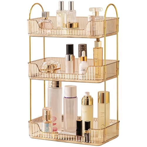 Bathroom Organiser Countertop Vanity Trays for Bathroom Skincare Makeup Organiser Shelf Vanity Organiser Bathroom Counter Shelf for Cosmetics Toiletries Lotions Perfumes (3 Tiers Amber)