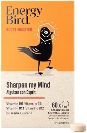 Energy Bird: Sharpen My Mind Chewable Supplements | Guarana | Vitamin B6 | Vitamin B12 | Energy, Focus & Concentration | Chocolate Mint Flavour | 60 tablets