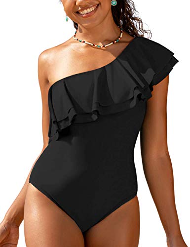 Hilor Women's Slimming One Piece Swimsuits Swimwear Ruffled Asymmetric One Shoulder Bathing Suits