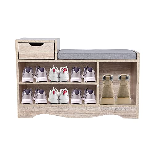 mymai Banc à chaussures avec coussin d'assise - Armoire à chaussures avec tiroir - Support à chaussures en bois pour la maison ou le couloir (06HOL)