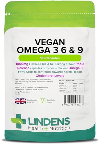 Lindens - Vegan Omega 3 6 & 9-90 Capsules - 1000mg Flaxseed Oil UK Made - Essential Omega Fatty Acids Normal Blood Cholesterol Levels - Brain Heart & Eyes - Letterbox Friendly