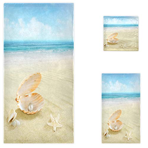 Naanle Schönes 3D-Sommer-/Strandmuscheln, weich, luxuriös, dekoratives Set aus 3 Handtüchern, 1 Badetuch, Handtuch + Waschlappen, Mehrzweck-für Badezimmer, Hotel, Fitnessstudio, Spa und Strand