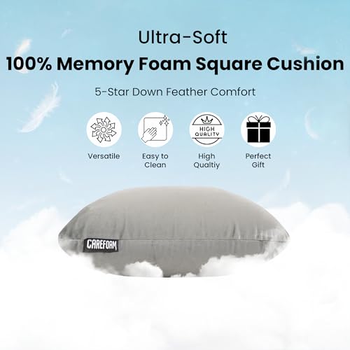 Image of CareFoam Memory Foam Square Cushion for Car, Sofa /Diwan, Bed, Chair & Decoration | Highly Durable, Hypoallergenic | 14 inchx 14 inch x 4 inch | Velvet Cover | Grey, Pack of 5