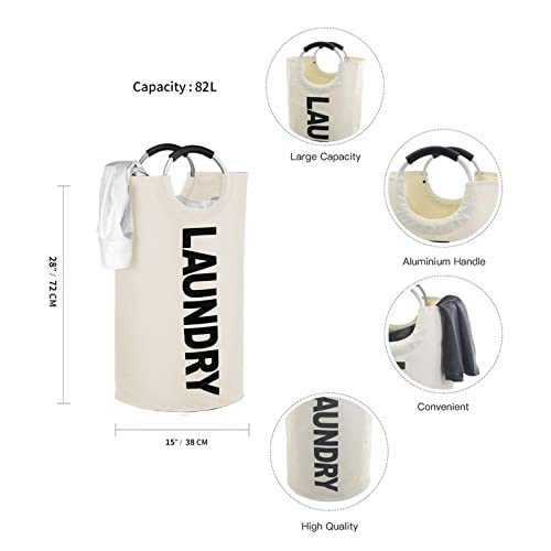 Mziart 82L Large Canvas Laundry Hamper, Collapsible Laundry Basket, Heavy Duty Clothes Bag With Alloy Handles For College Dorms, Camping And Home, Thicken Foldable Clothes Bag Storage Basket (Beige) #TOP2