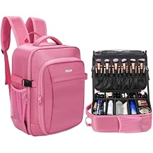 Relavel Makeup Backpack, Professional Travel Train Case Makeup Artist Kit Set Bag for Women Extra Large Cosmetic Organizer, Brush Storage Holder, with Adjustable High Dividers, Rose Pink