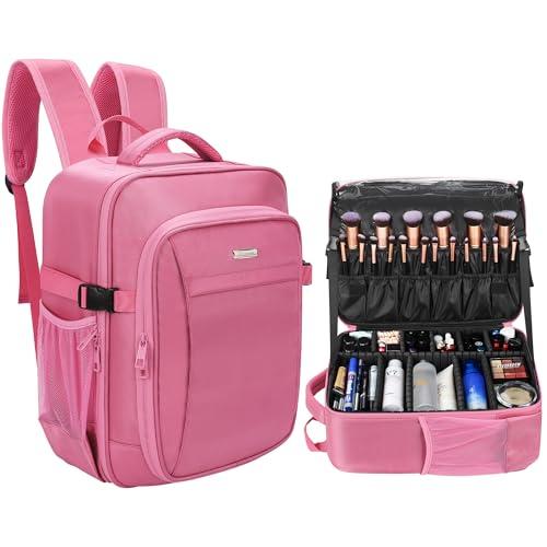 Relavel Makeup Backpack, Professional Travel Train Case Makeup Artist Kit Set Bag for Women Extra Large Cosmetic Organizer, Brush Storage Holder, with Adjustable High Dividers, Rose Pink