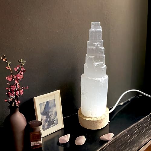 4All Lampada a LED in cristallo di selenite bianca USB Lampada a torre di montagna fatta a mano Lampada per energia spirituale e guarigione per meditazione Decorazione per la casa e regali Lampada da