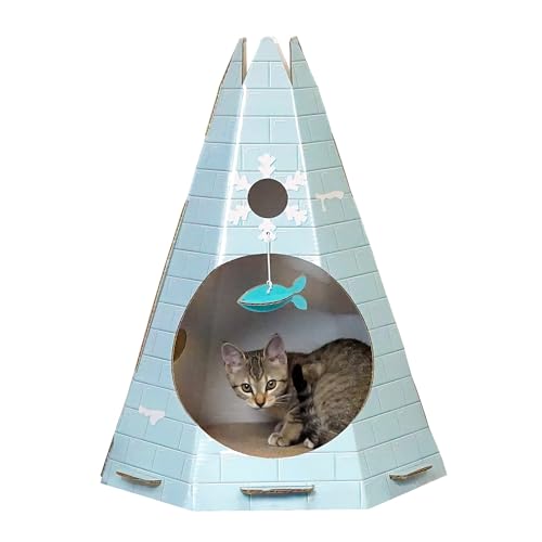 Image of Furhaven Pet Furniture for Cats and Kittens - Decorated Tundra Tent Cat Scratcher Hideout with Toys and Catnip, Ice Block Print, One Size