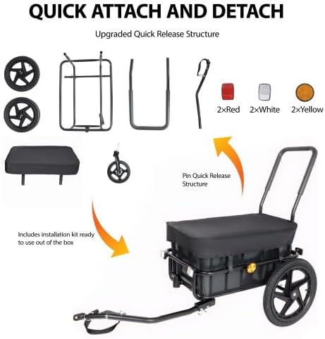 2-in-1 Bike Cargo Trailer Push Cart Stroller with Tow Hitch and Removable Handlebar Bicycle Trailer with Removable Box and Waterproof Cover, Black